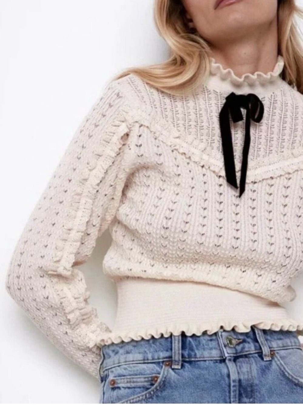 Zara Sweater Ivory Ecru Pointelle Velvet Bow Ruffle Victorian‎ Parisian Blogger